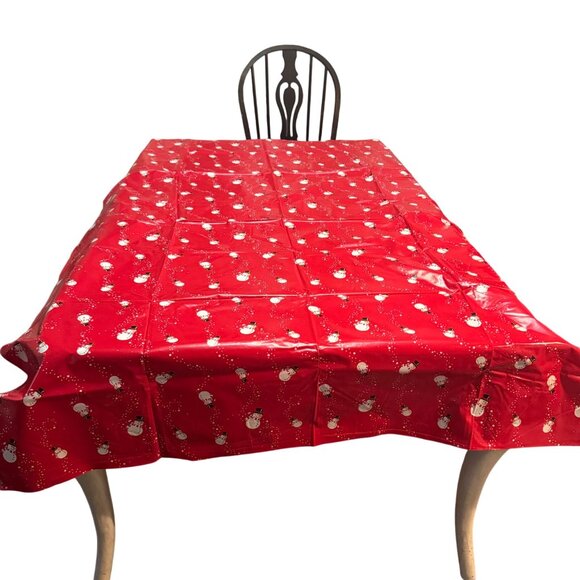 Holiday Christmas Snowman Tablecloth Vinyl Backed 96 X 68 Rectangle Red - Picture 3 of 6